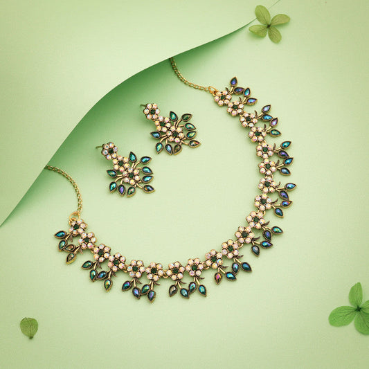 Tehzeeb Creations Gold-Polished Green Colour Choker With Dangle Earrings | Grab2Buy