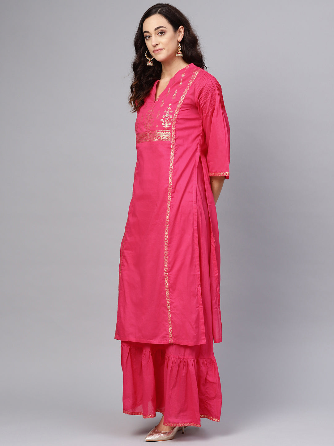 Biba Women Pink & Golden Printed Layered A-Line Kurta - Grab2buy