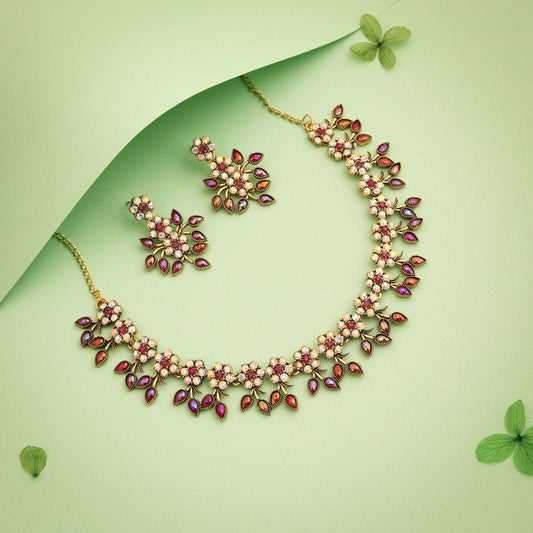 Tehzeeb Creations Gold-Polished Pink Colour Choker With Dangle Earrings