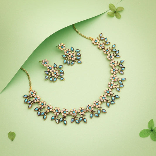 Tehzeeb Creations Gold-Polished Sky Blue Colour Choker With Dangle Earrings Tehzeeb Creations