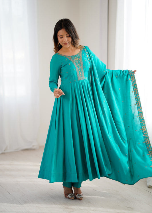 Lorenvalley Fashion Rama Roman Shimmer Silk Yoke Fancy Handwork Beads Work Anarkali Gown Pant With Dupatta Set