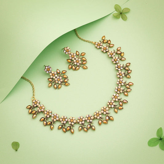 Tehzeeb Creations Gold-Polished Yellow Colour Choker With Dangle Earrings Tehzeeb Creations