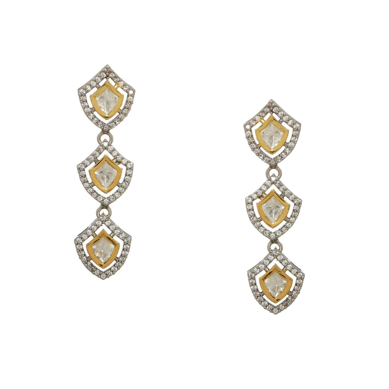 3 Tier Kundan and Diamond Earrings (Silver) - Ruby Raang - Grab2buy