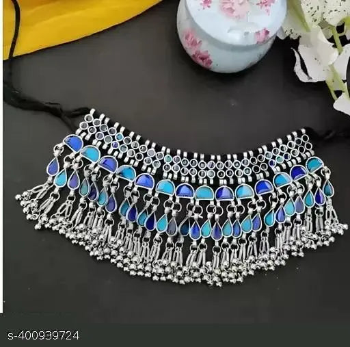 Tehzeeb Creations Women's Silver Colour Oxidised Necklace Set With Blue Colour Meenakari Work | Grab2Buy