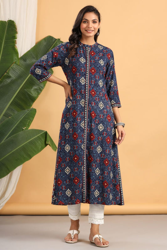 Juniper Womens Indigo Rayon Printed A-Line Kurta | Grab2Buy