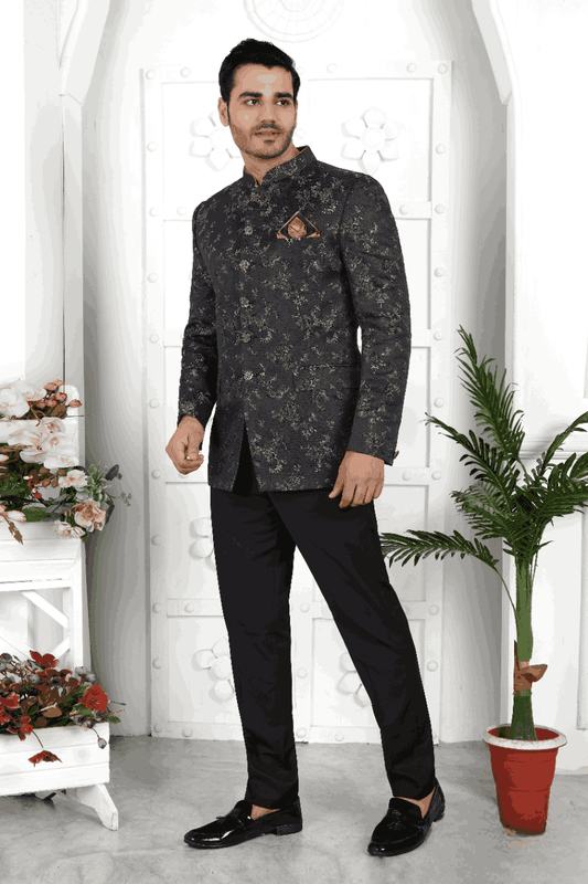Raivat Ethnic Jacquard Silk Thread Work Jodhpuri In Black Colour