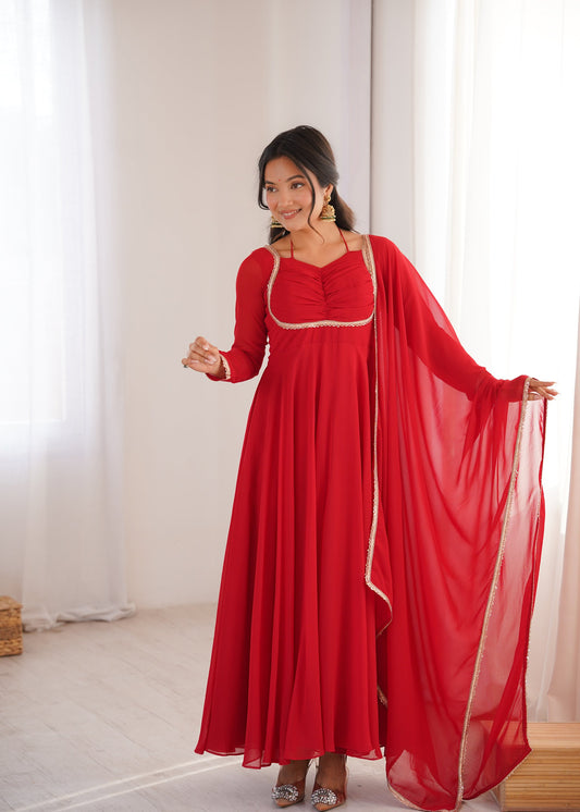 Lorenvalley Fashion Red Faux Georgette Fancy Designer Yoke Dori Neck Anarkali Gown with Dupatta