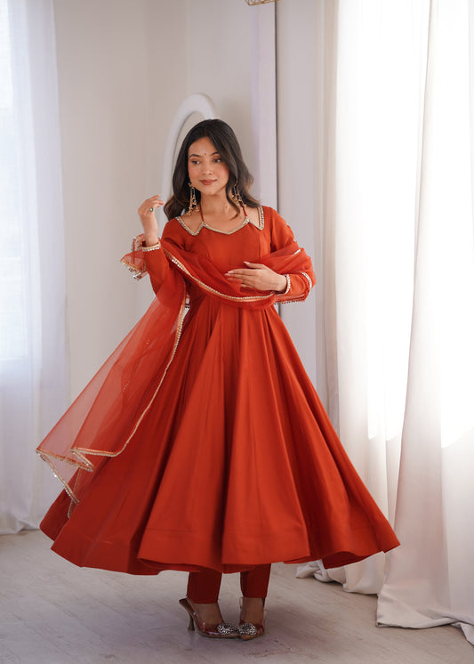 Lorenvalley Fashion Rust Romansilk Chanderi Yoke Fancy Lace Pattern Anarkali Gown Pant with Dupatta