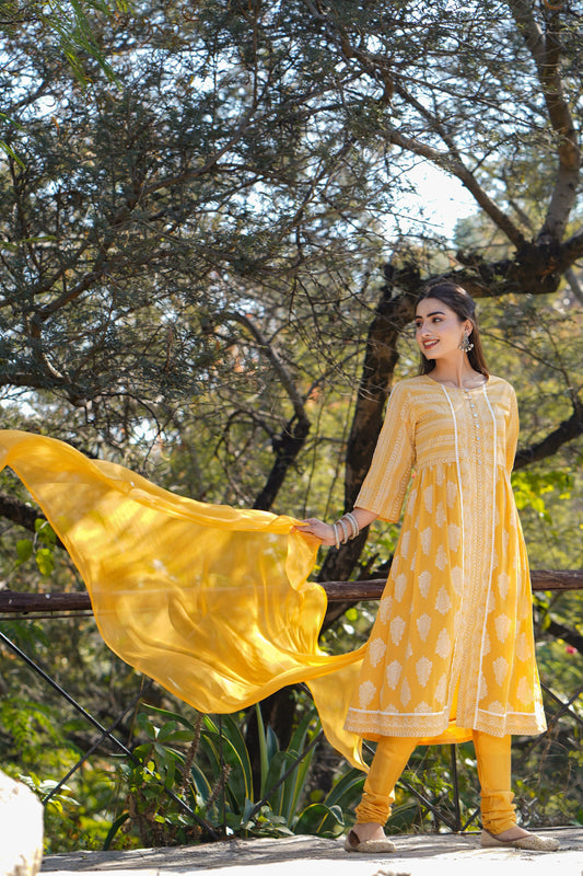 Juniper Women Yellow Georgette Printed Flared Kurta Sets | Grab2Buy