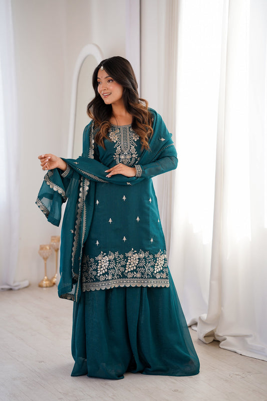 Lorenvalley Fashion Teal Soft Crunchy Silk Fabric with Embroidery Sequence, Thread and Jari Work Kurta Palazzo with Dupatta