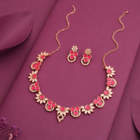 Tehzeeb Creations Gold Pleate Pink Choker Necklace With Stud | Grab2Buy