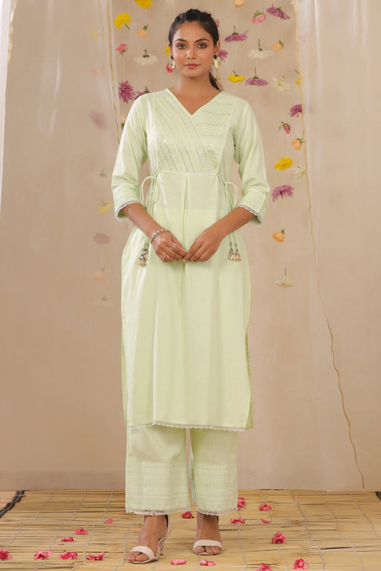 Juniper Women's Light Green Cotton Blend Printed Kurta Set