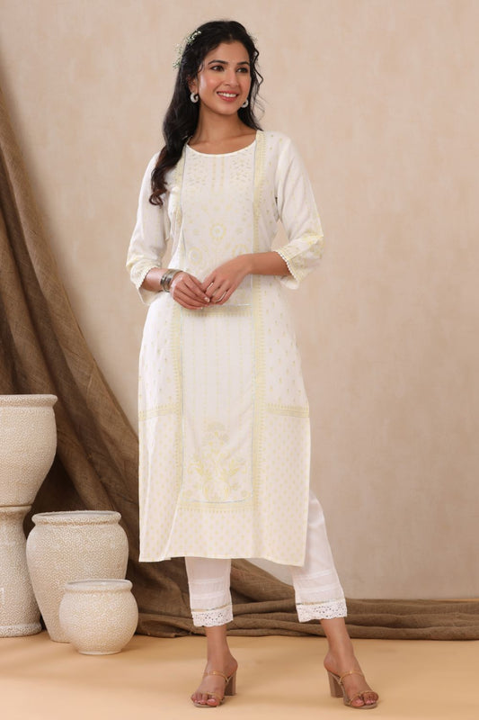 Juniper Womens Off White Rayon Placement Printed Straight Kurta