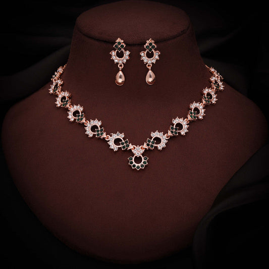 Tehzeeb Creations Gold-Polished Green Diamond Necklace With Earrings