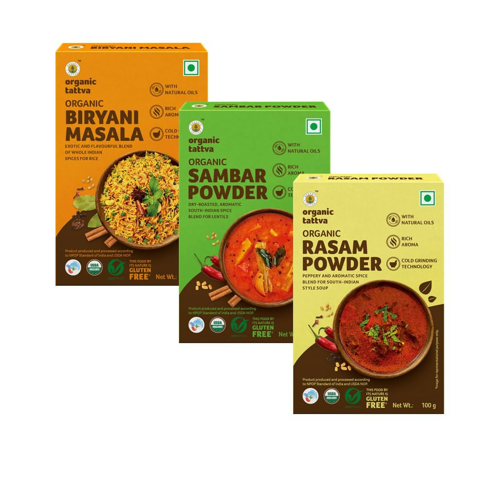 Organic Tattva South-Indian Masala Combo (100 Gm Each)- Sambar Powder, Rasam and Biryani Masala - Grab2buy