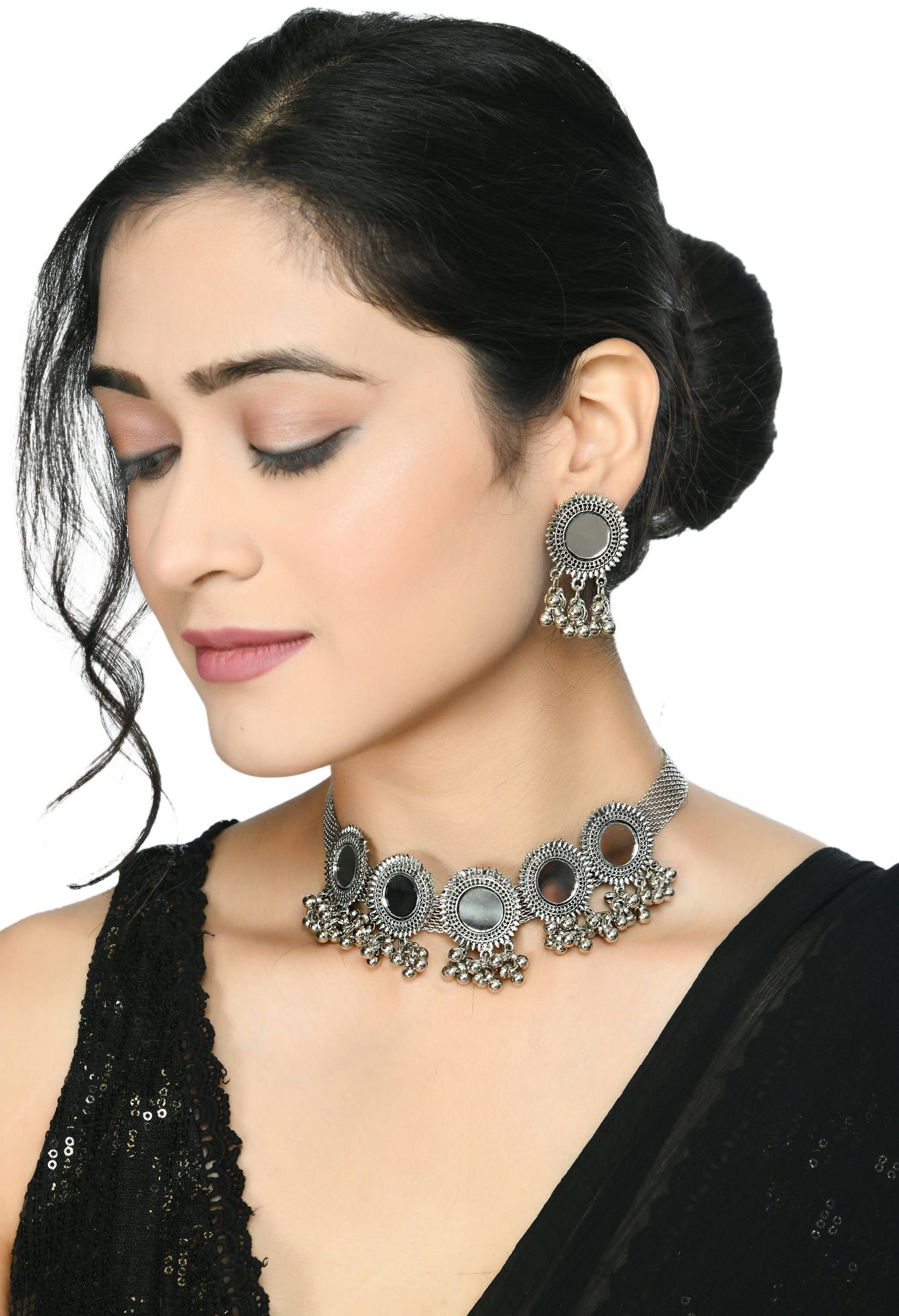 Mominos Fashion Johar Kamal Silver-Plated Brass Finish Mirror Work Women Choker - Grab2buy