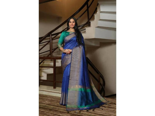 Aastha Fashion Women's Blue Raw Silk Temple Zari Woven Saree with Blouse - Grab2buy