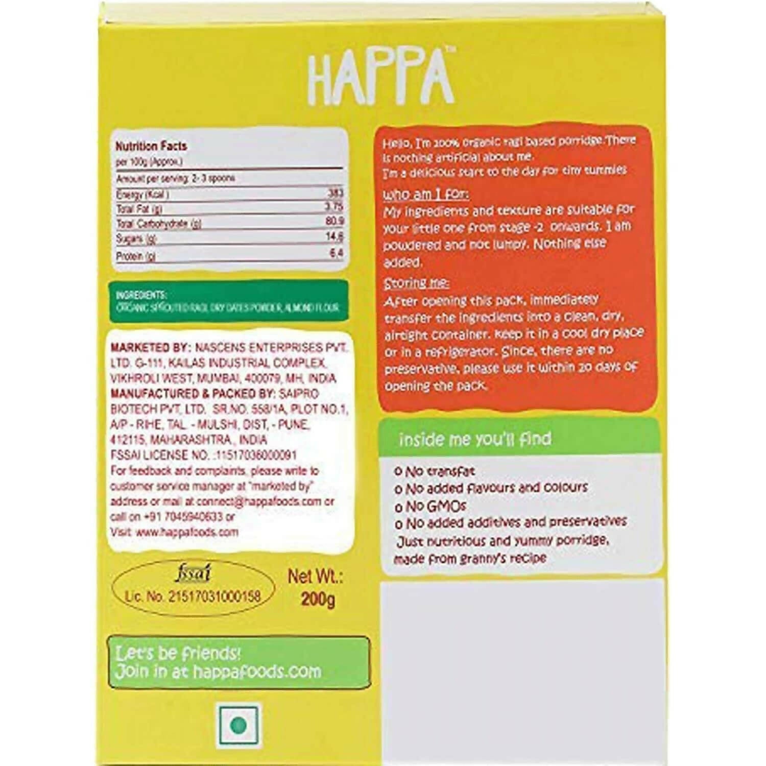 Happa Organic Baby Food Sprouted Ragi, Almonds + Dates Porridge Mix Combo - Grab2buy