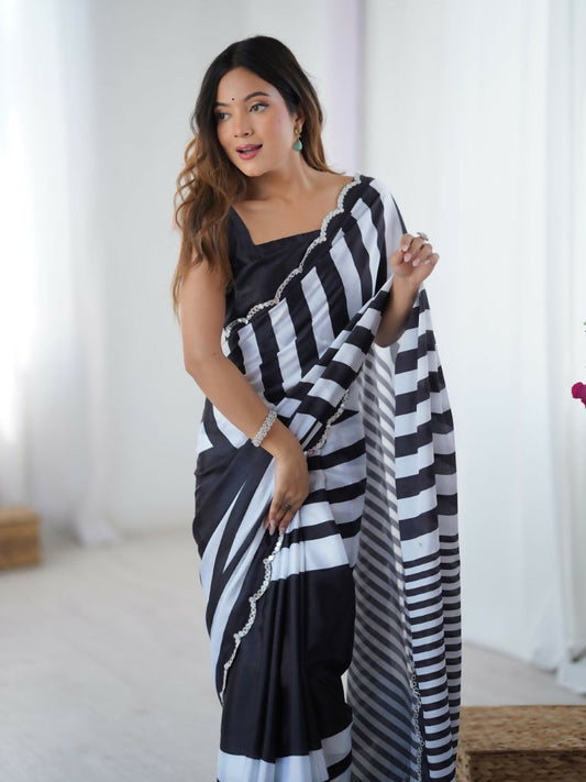Black Chinon Designer Digital Printed,Mirror Cut Work Saree - Manvika