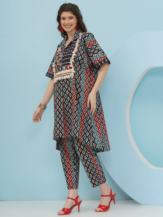 Joban Fashion Ikkat Kaftan Set - Blue Red