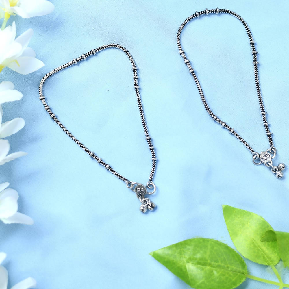 Mominos Fashion Kamal Johar Oxidised Light Weight Silver Anklets