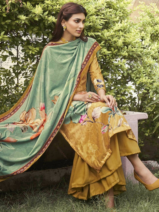Aastha Fashion Women's Mustard Velvet Floral Digital Printed Kurta with Trouser & Dupatta - Grab2buy