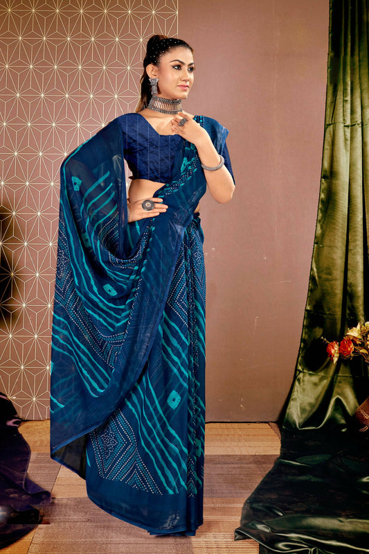Navy Blue Chiffon Leheriya Printed Saree With Unstitched Blouse Piece - Shanaya