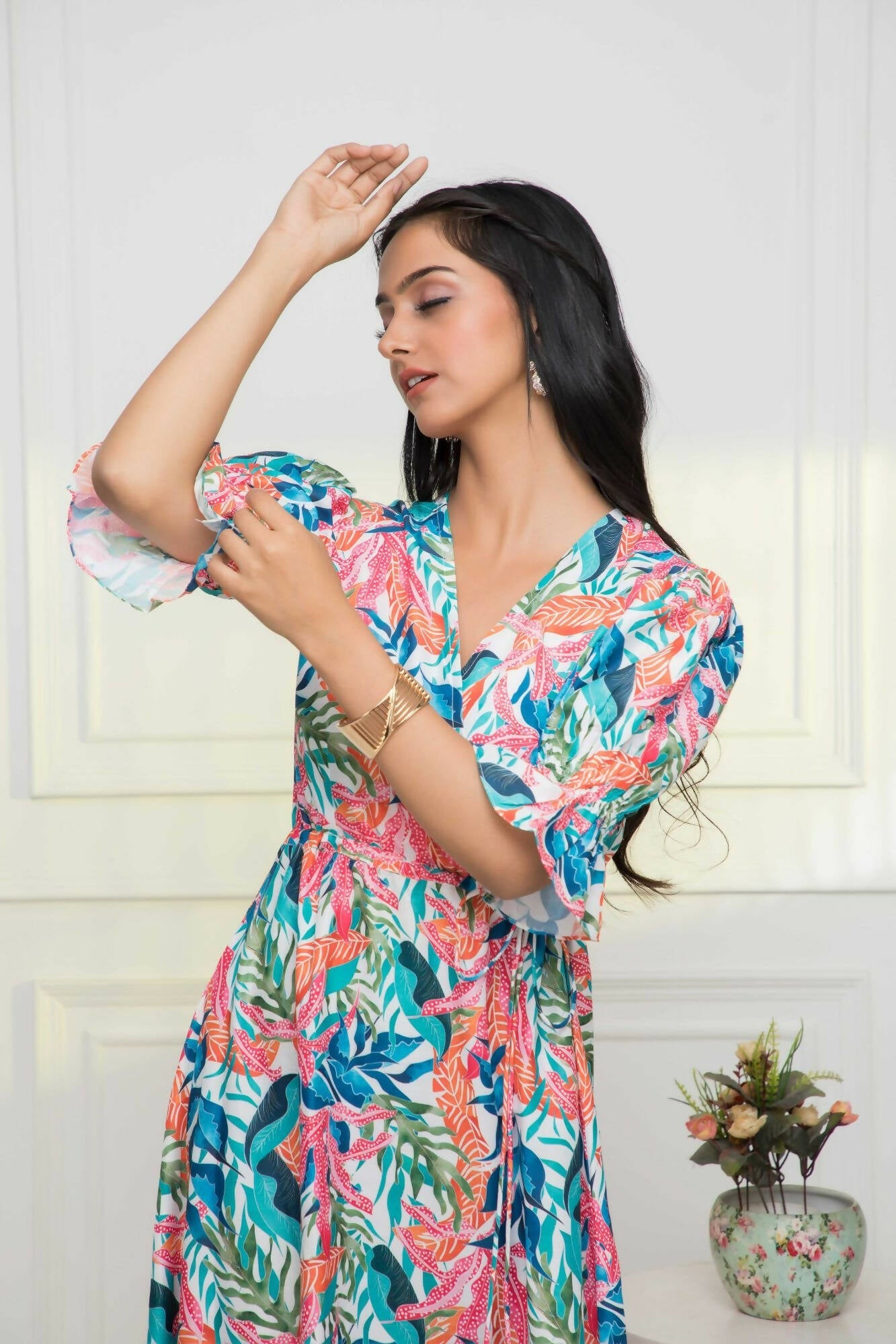 Myshka Women Multi Floral Polyester A-Line V-Neck Dress - Grab2buy
