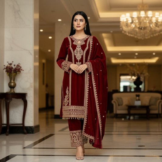 Joban Fashion Maroon Velvet Embroidery Sequence Work Readymade Kurta Set