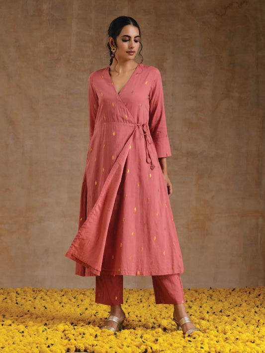 trueBrowns Blush Gold Cotton Angrakha Kurta Set