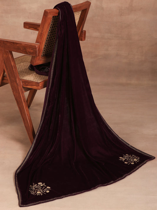 trueBrowns Wine Velvet Embroidered Shawl - Grab2buy