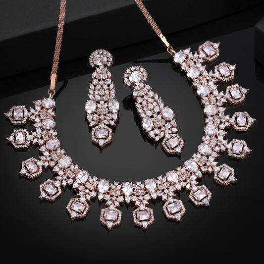 Estele Rhodium Plated CZ Astonishing Necklace Set with White Stones for Women Estele Accessories