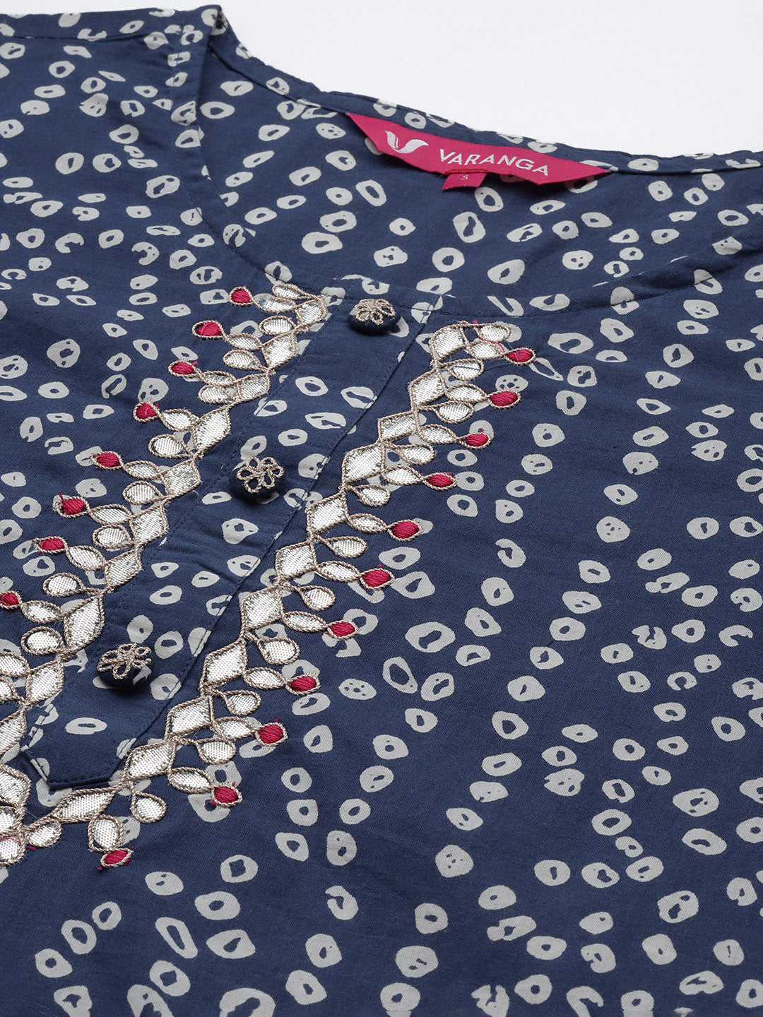 Varanga Blue Bandhani Print Embroidered Kurta Has Round Neck - Grab2buy