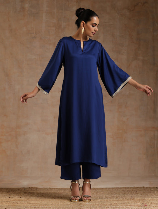 trueBrowns Midnight Blue Modal Satin Relax Kurta Set