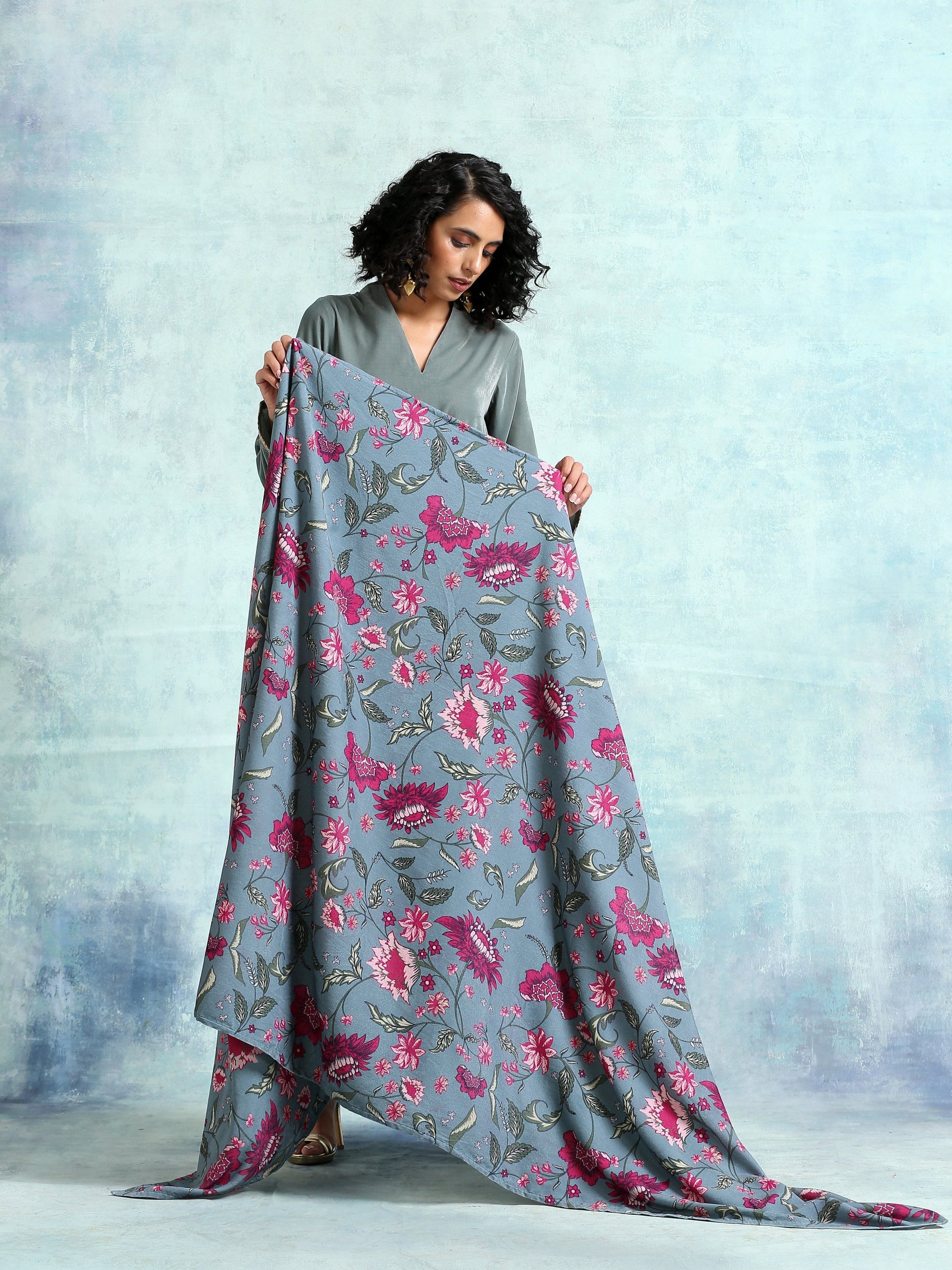 trueBrowns Grey Printed Velvet Shawl - Grab2buy