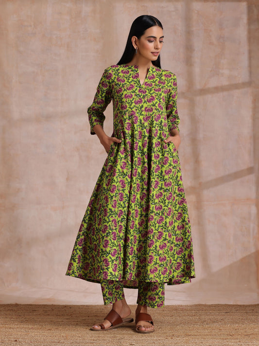 trueBrowns Lime Green Overall Pink Floral Block Print Cotton Flared Kurta Pant Set