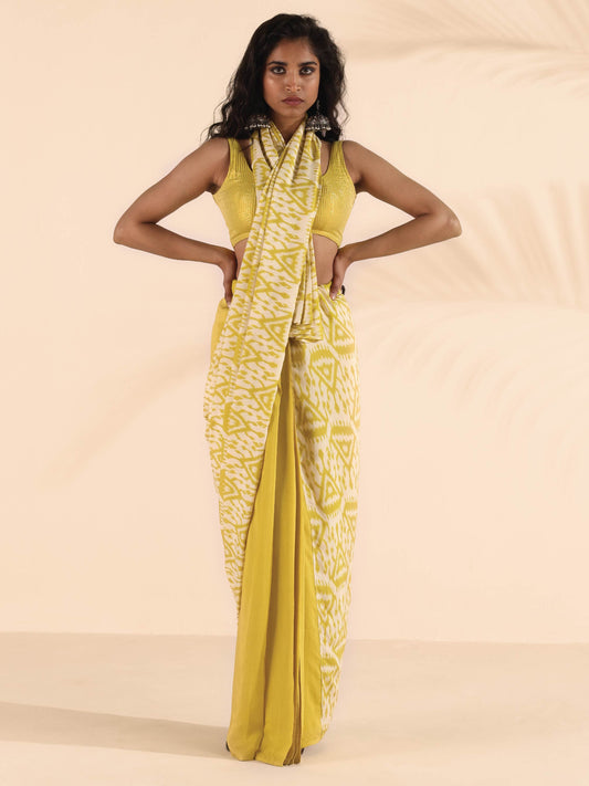 trueBrowns Lime Muslin Ikat Saree