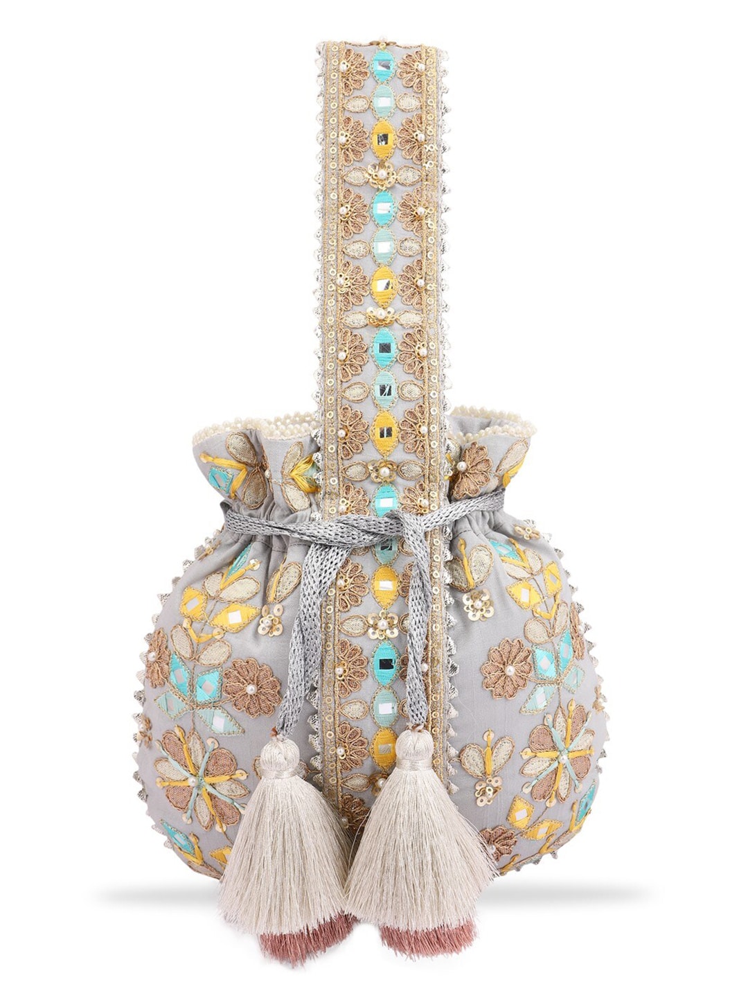 Masq Grey & Gold-Toned Embroidered Potli Clutch - Grab2buy