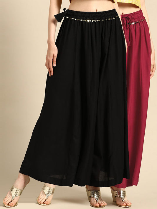 TAG 7 Women Black & Maroon Solid Flared Palazzos