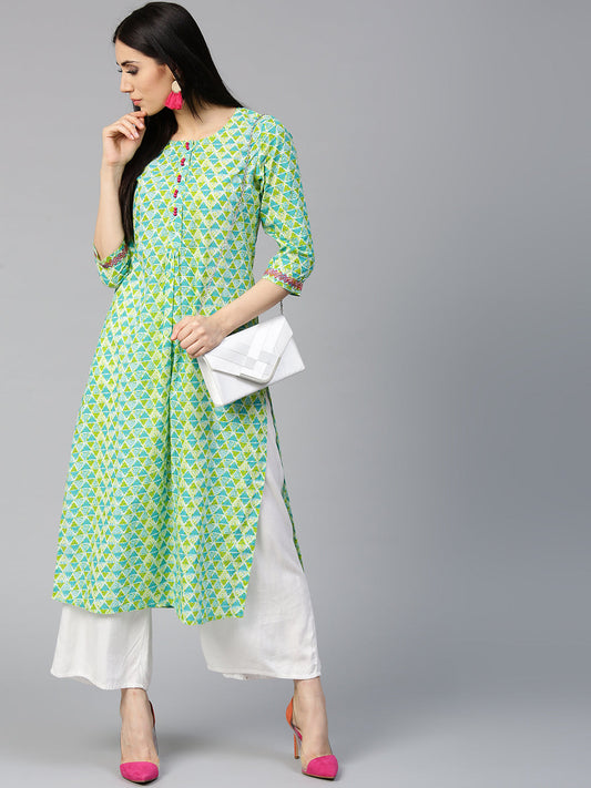 Jaipur Kurti Women Blue & Green Printed Straight Kurta | Grab2Buy