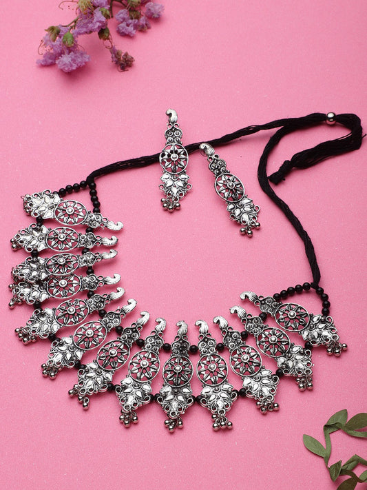 Cardinal Oxidised Silver-Plated Stone-Studded & Beaded Jewellery Set - Grab2buy