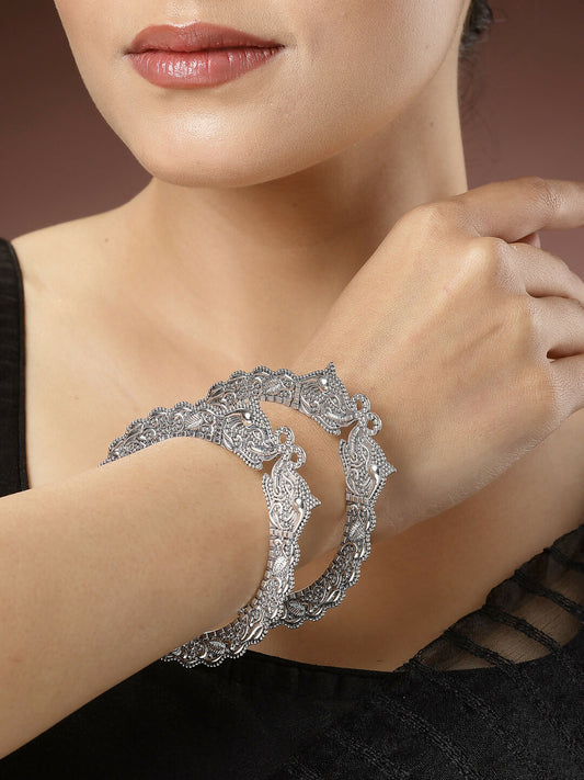 NVR Women's Set of 2 Silver-Toned German Silve Oxidised Elephant Design Handcrafted Bangles