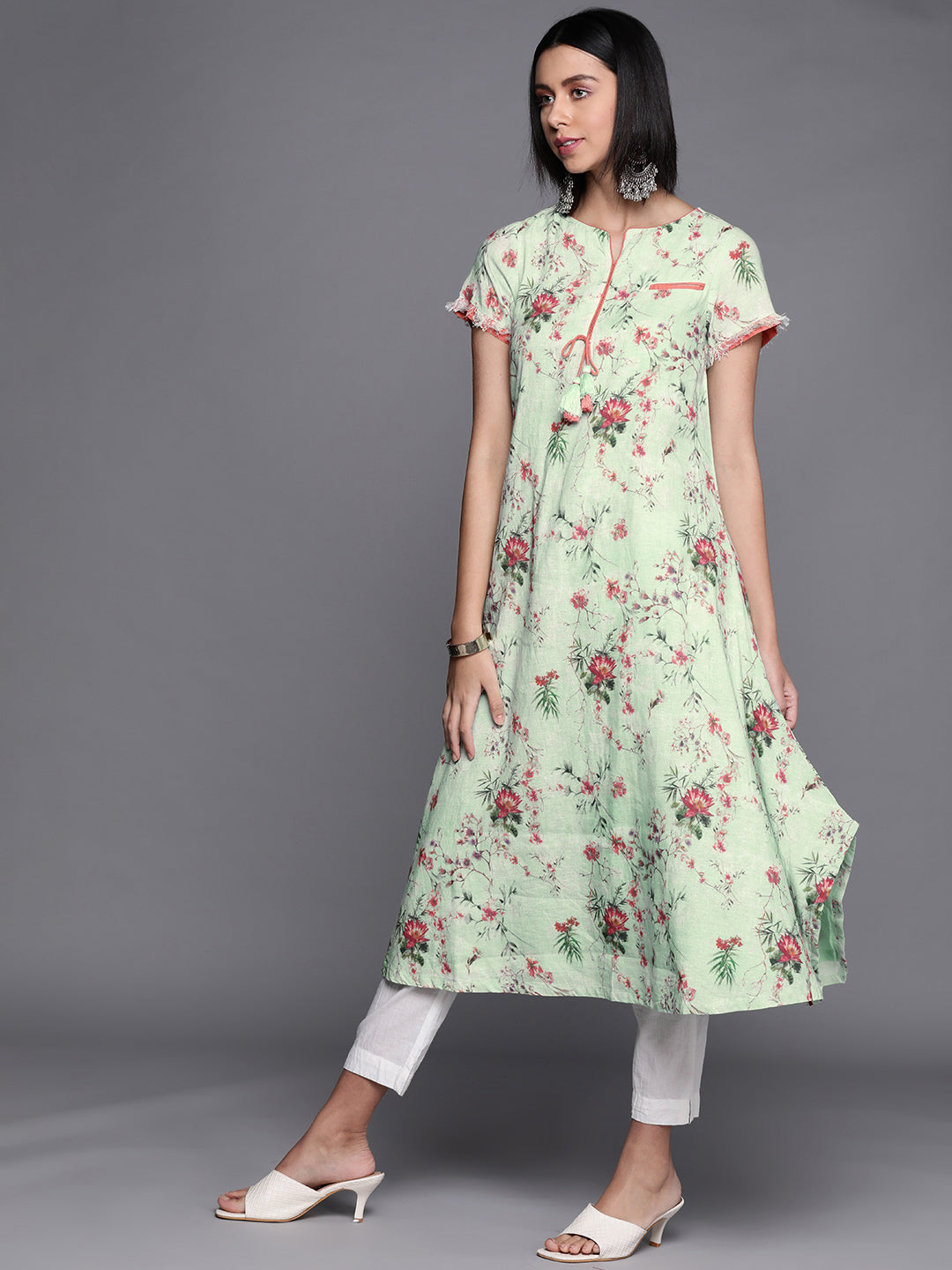 Biba Women Green & Pink Floral Printed Kurta - Grab2buy