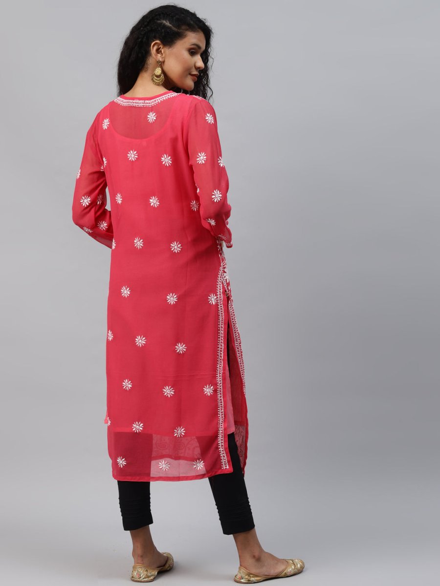 ADA Women Carrot Pink & White Floral Hand Embroidered Chikankari Handloom Kurta & Matching slip - Grab2buy