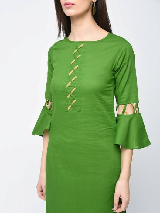 Aniyah Cotton Criss Cross Bell Sleeves Straight Kurta In Green (AN-101A)