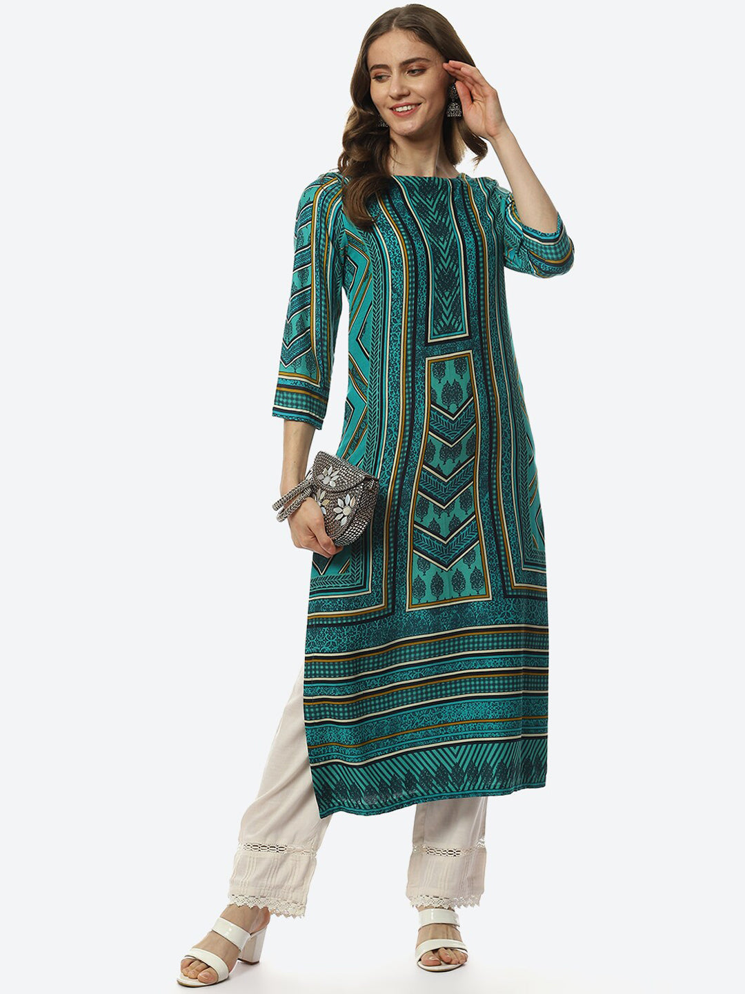 Biba Women Green & Black Printed Straight Kurta - Grab2buy