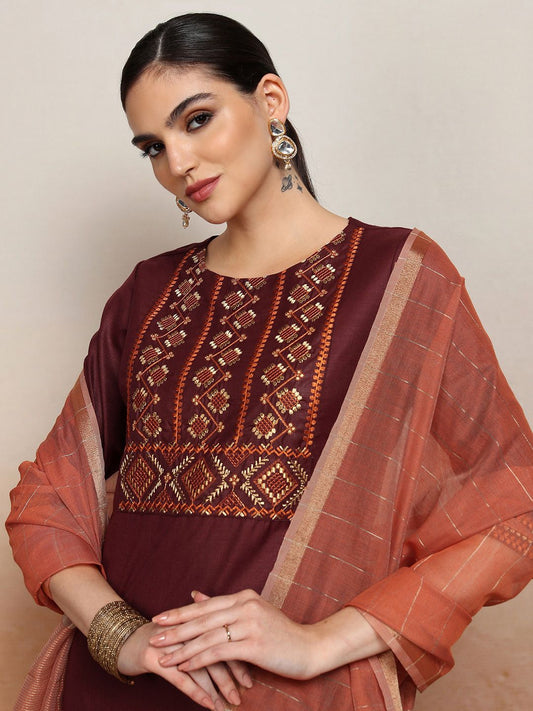 Vishudh Embroidered Rund Neck Straight Kurta & Palazzos With Dupatta | Grab2Buy