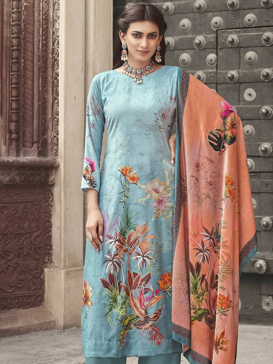 Aastha Fashion Women's Sky Blue Velvet Floral Digital Printed Kurta with Trouser & Dupatta - Grab2buy