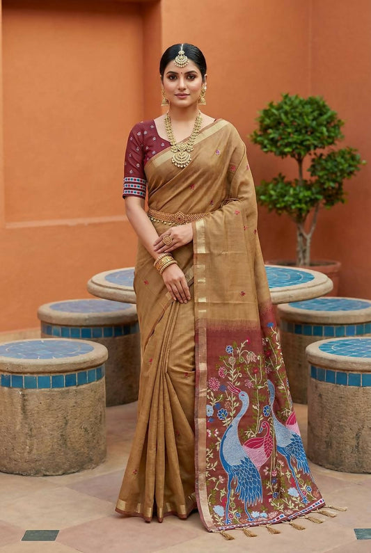 Vastranavya Cream Muga Cotton Meenakari & Azarakh Pallu Grab2Buy with Contrast Blouse Grab2Buy Vastranavya Grab2Buy