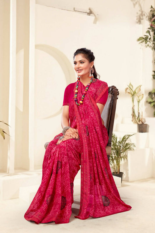 Pink Georgette Texture Printed Saree with Unstitched Blouse Piece - Akansha
